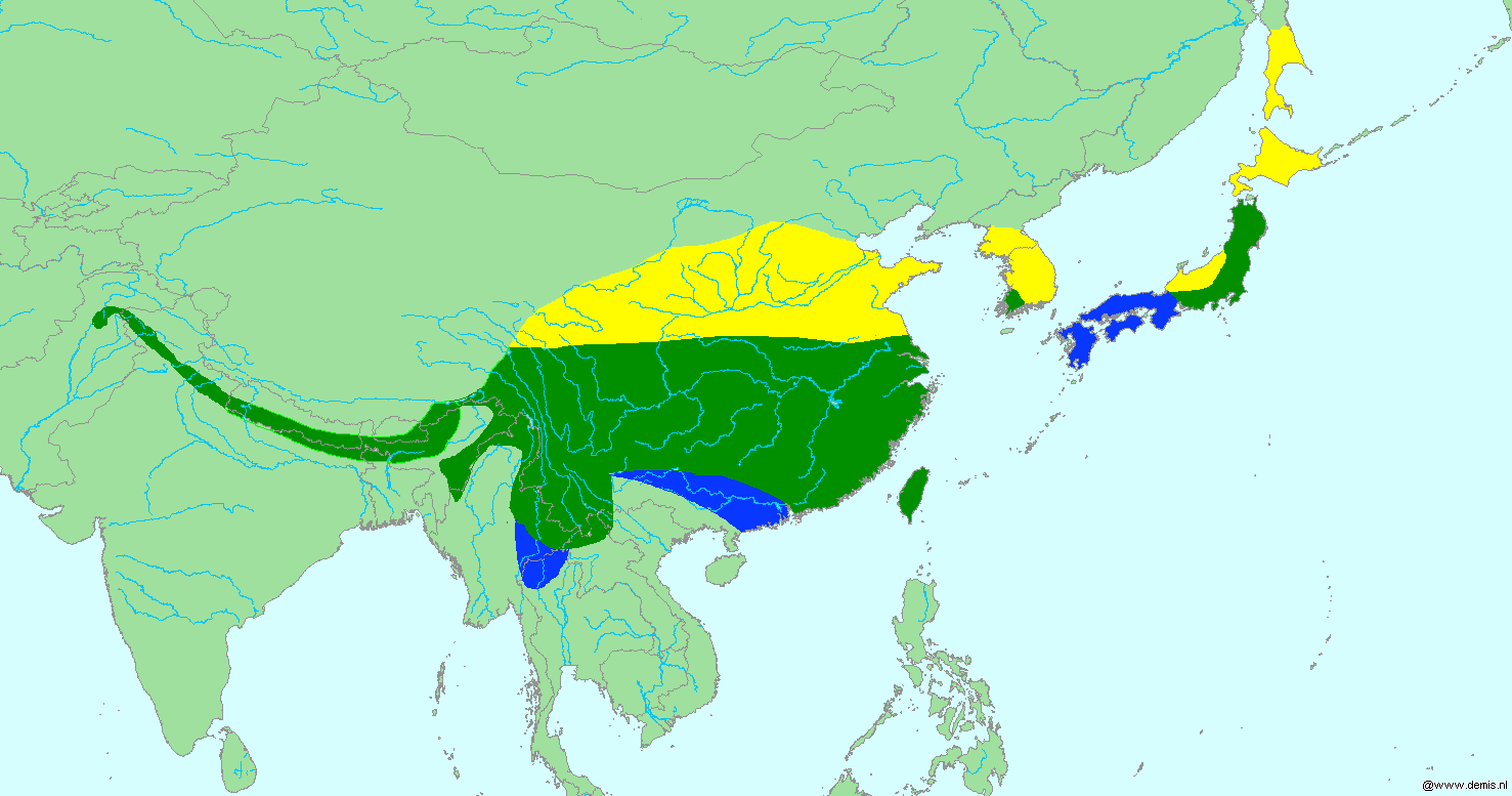 Range map of Russet sparrow